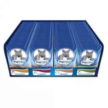 Slapjā barība kaķiem PREVITAL Cat Food Mix 4 garšas – vista, teļš, lasis, mājputni, 96 x 100 g paciņas (9,6 kg, pieaugušiem)