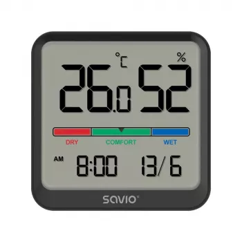 Iekštelpu temperatūras un mitruma sensors SAVIO CT-01/B brīvstāvošs, LCD, -10–55°C, 10–99% RH, CR2032