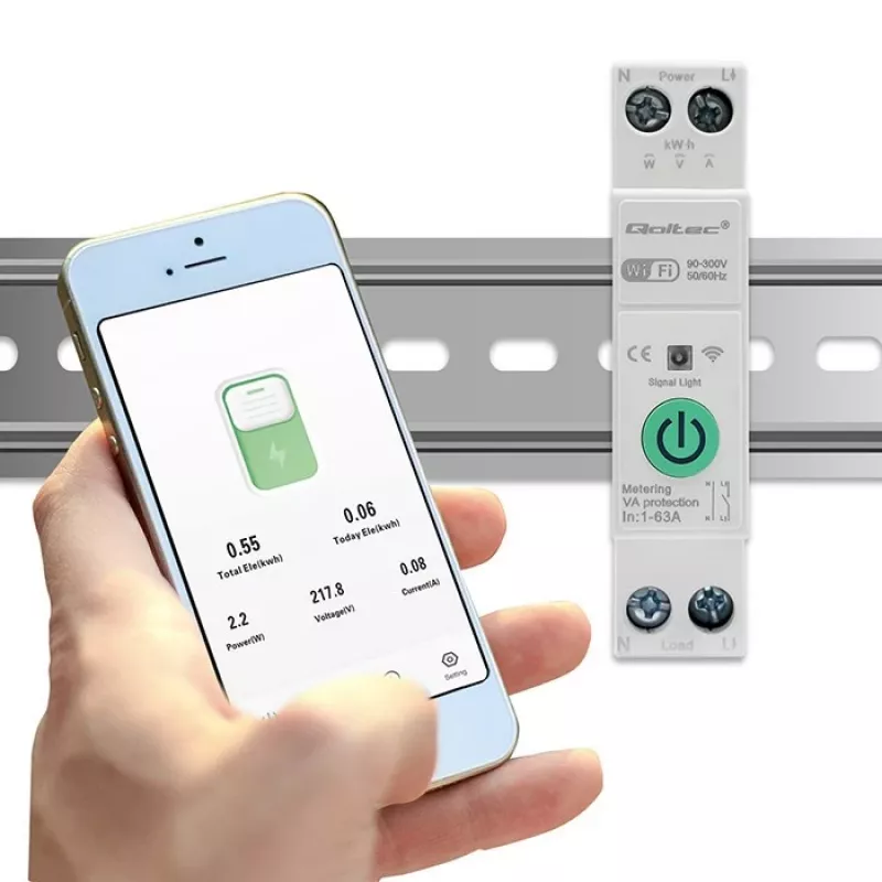 DIN-sliedes WiFi relejs QOLTEC 50881 — komutācijas relejs 63A elektroinstalācijām