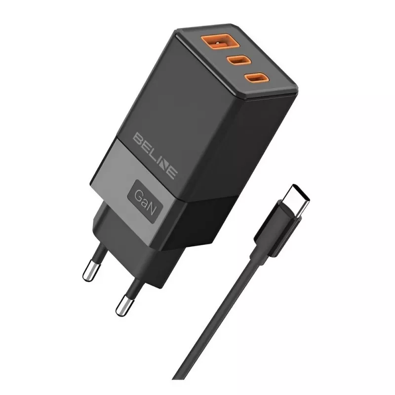 Beline sienas lādētājs 2x USB-C 1x USB-A 65W kabelis USB-C melns/melns PD 3.0