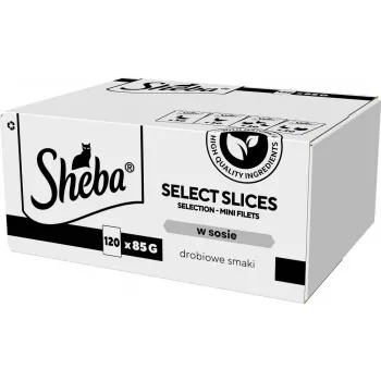 Slapjā kaķu barība Sheba Select Slices Poultry Flavors multipaka — 120 x 85 g paciņas, pieaugušiem kaķiem, 83% mitrums