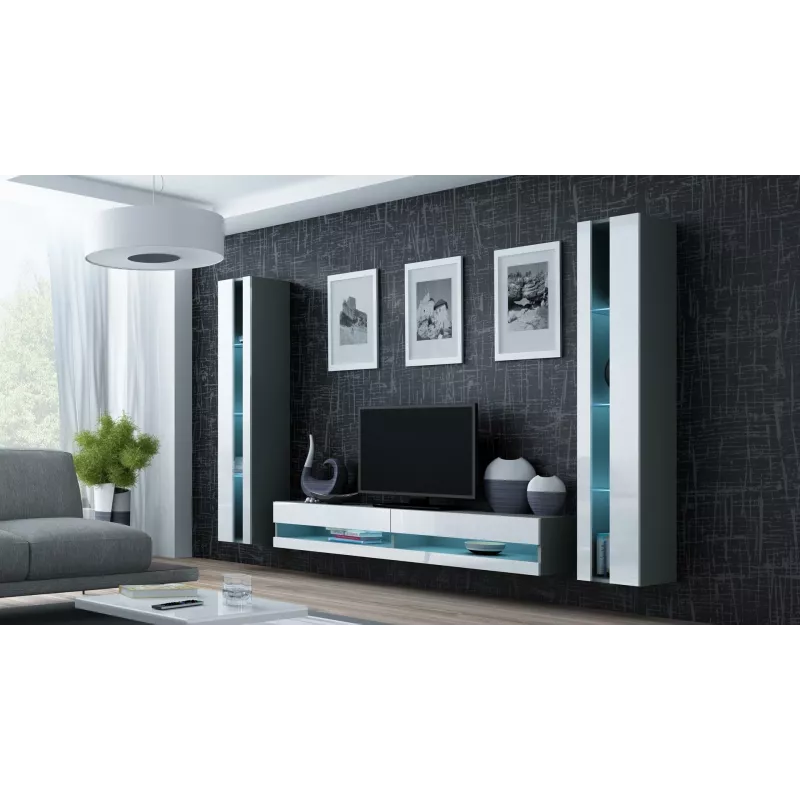 TV statīvs Cama Meble VIGO NEW 30/140/40 — 1400×400×300 mm, pelēka virsma, pelēks rāmis, balti spīdīgi priekšējie paneļi