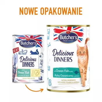 Butcher's Delicious Dinners Slapjā barība kaķiem Ocean Fish gabaliņi želejā 400 g, zivju garša, senioram, konservs