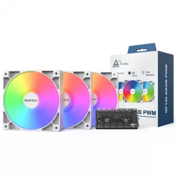 Montech GF120 PWM ARGB 3-in-1 — 120 mm korpusa ventilatoru komplekts ar PWM un ARGB apgaismojumu