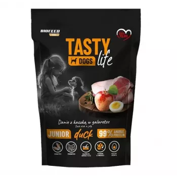 Slapjā suņu barība BIOFEED Tasty Life junior 90% pīle 500 g — pilnvērtīga barība augšanai, 11.5% olbaltumvielas, 8.5% tauki