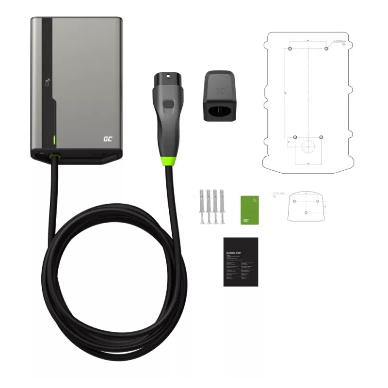 Green Cell HabuDen EVGC021B2250 Wallbox elektroauto uzlādes stacija 22 kW 32A, Type 2, 5 m kabelis, NFC, Bluetooth, Wi-Fi, alumīnijs