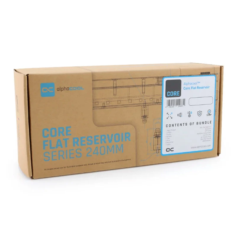 Alphacool Core Flat Reservoir 240 ar VPP sūkni - labā puse