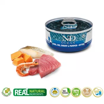 Slapjā barība kaķēniem Farmina N&D Ocean Kitten Tuna, Cod & Shrimp with Pumpkin 70 g skārdenīte