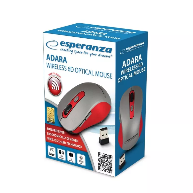 Bezvadu optiskā pele ESPERANZA EM131R 2.4 GHz, 1600 DPI, abpusēja, nano USB uztvērējs, 6 pogas, pelēka