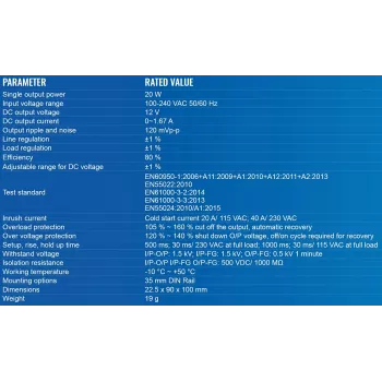 Barošanas adapteris TELTONIKA PR3PDNP0, iekštelpu, 20 W, ieeja 100–240 V, 50–60 Hz, kompakts 22,5×90×100 mm, zils/balts