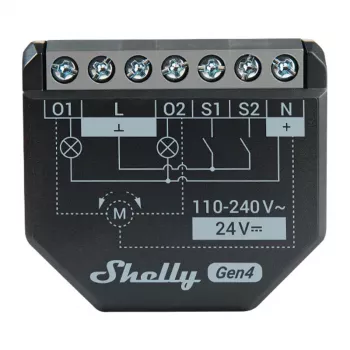 Shelly 2PM Gen4 divkanālu žalūziju un slēģu izpildmehānisms, AC 110–240V, 2.4 GHz Wi‑Fi, 1.4 W, 8000 KB zibatmiņa