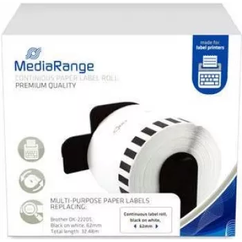 Nepārtrauktas papīra etiķetes MediaRange DK-22205 62mm 30.48m melnas uz balta
