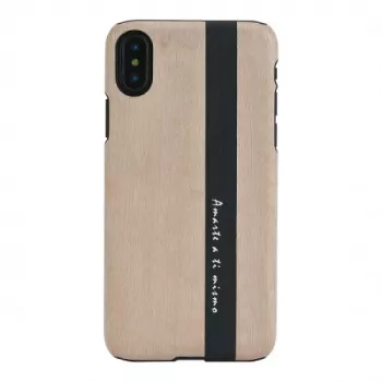 Ādas vāciņš iPhone X/XS — melna āda ar koka akcentu