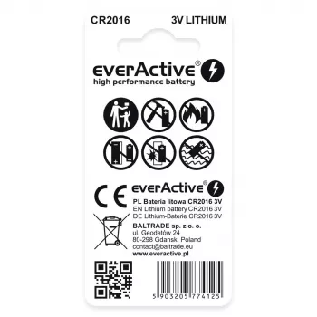 Litija monētu baterija everActive CR2016 — 3V, 20 mm diametrs, 1.6 mm augstums, iepakojumā 2 gab.