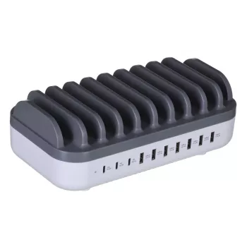 Manhattan uzlādes stacija, 10 porti: 3x USB-C (līdz 18W PD) un 7x USB-A (līdz 12W), 120W kopējā jauda, balta/pelēka, trīs gadu garantija
