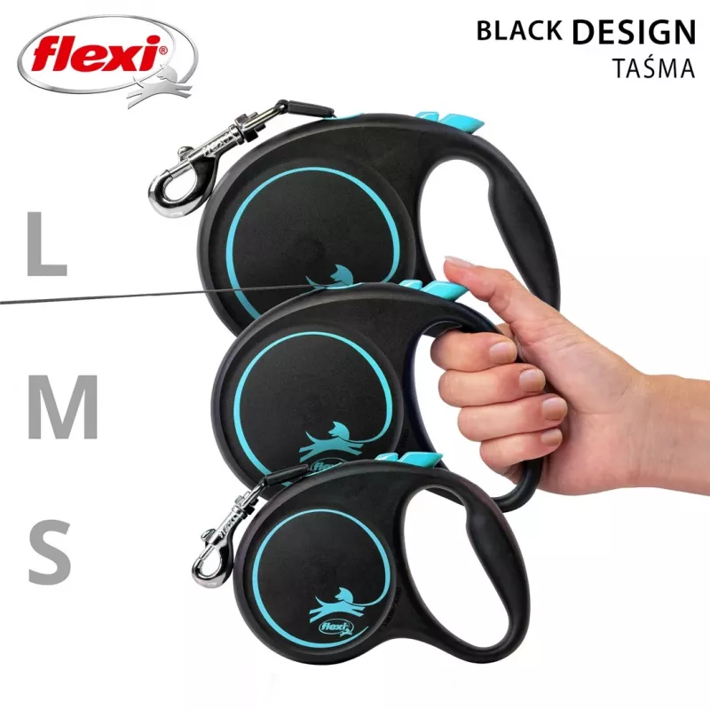 Suņa izvelkamā pavada Flexi Black Design M — 5 m lente, 25 kg slodze, ergonomisks rokturis
