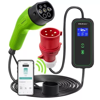 Qoltec Mobilais EV Auto Lādētājs Regulējams 2in1 Type2 | 7kW | 230V | CEE 3 PIN | Wi-Fi | LCD | Pārnēsājams | Wallbox | 5m