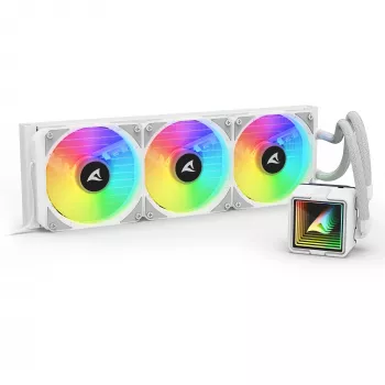 Šķidruma dzesēšanas sistēma CPU All-in-One Sharkoon S100 ARGB balta — 360 mm radiators, Infinity-Mirror efekts
