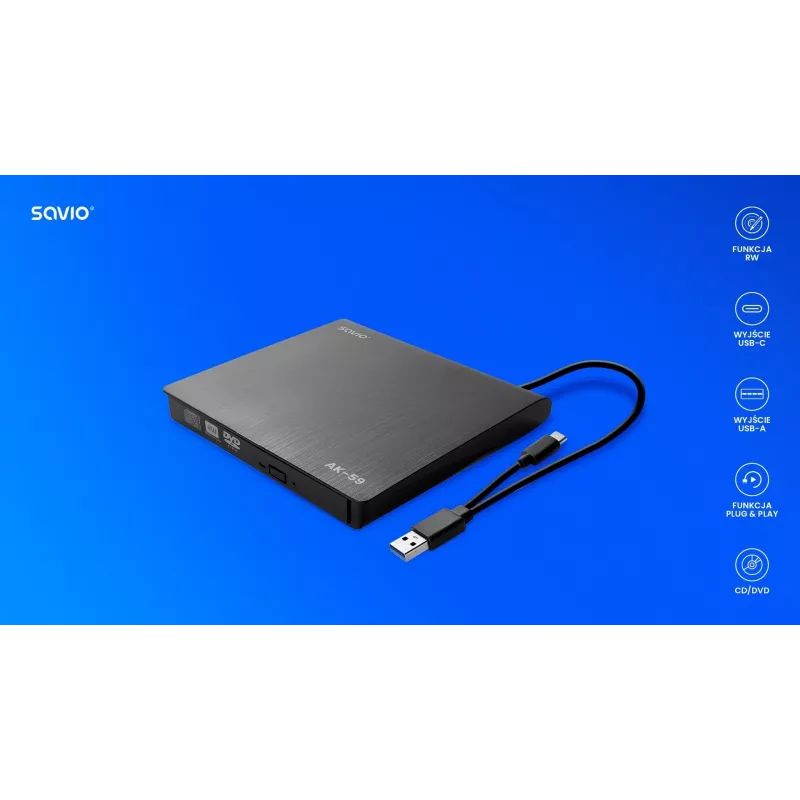 SAVIO AK-59 ārējais slinkais CD/DVD ierakstītājs R/RW - USB-C/USB-A, melns