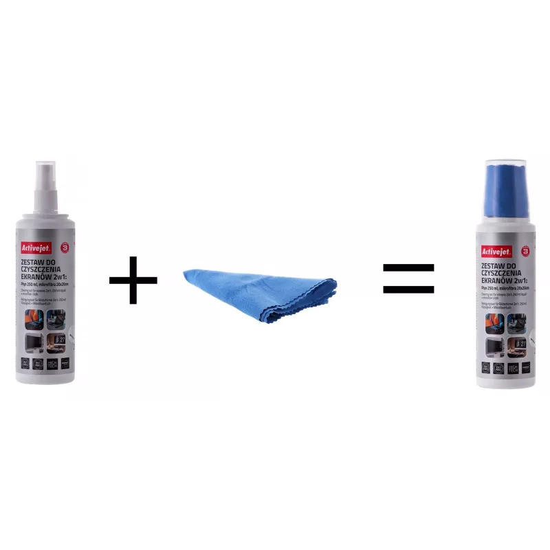 Tīrīšanas komplekts ekrāniem un plastmasai ActiveJet AOC-269, 2 mikrošķiedras drānas 200x200 mm, 250 ml šķidrums