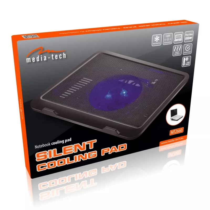 Dzesēšanas paliktnis klēpjdatoram MEDIA-TECH MT2660 — USB, 1 ventilators 13.5 cm, 20 CFM, 1000 RPM, 330×250×40 mm, 327 g, fona apgaismojums
