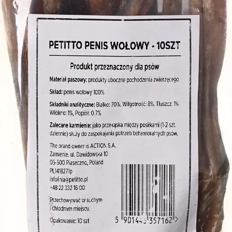 PETITTO Vērša dzimumlocekļa košļājamie gardumi suņiem, iepakojums 10 gab. — liellopu gaļas košļājamie kārumi zobu kopšanai