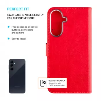 FIXED ādas grāmatas vāciņš Samsung Galaxy A36 5G — sarkans, priekšējā un aizmugurējā aizsardzība, precīzi izgriezumi