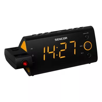 Radio pulkstenis SENCOR SRC 330 OR — FM radio modinātājs ar 1,2 collu LED displeju, diviem modinātājiem, sarkanu 180° projekciju, iekštelpu temperatūru un bateriju rezervi
