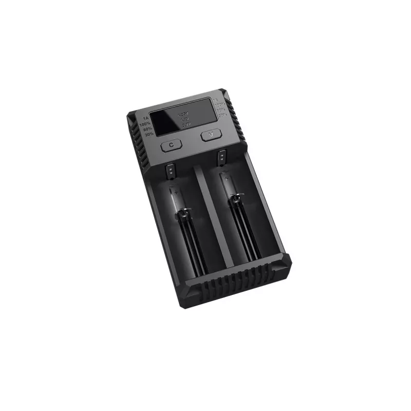 Lādētājs Nitecore NEW i2 — 2 slotu lādētājs LiFePO4, Li-Ion, NiMH; 100–240 V; 9–12 V; AAAA/C/D/AAA/AA; melns