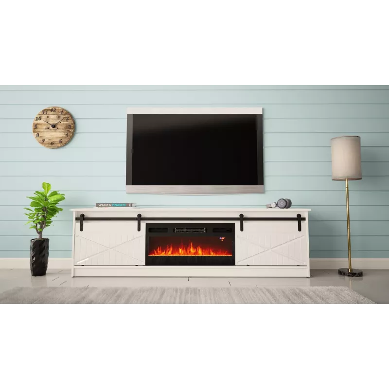 TV skapis ar elektrisko kamīnu Cama Meble GRANERO modelis RTV GRANERO + KOM B/B, 200x56.7x35 cm, balts/spīdīgi balts, 2 durvis, 2 plaukti, MDF/skaidu plātne