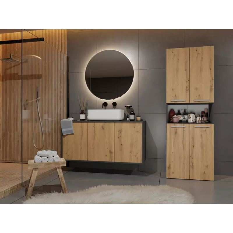 Vannas istabas skapis Top e Shop NEL 2K DK ANT/ART KP — Grafīts/Ozols, brīvi stāvošs, 600×300×1740 mm, 3 plaukti