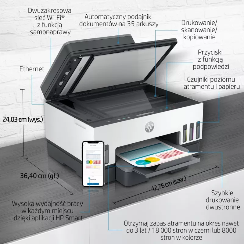 HP Smart Tank 750 Daudzfunkciju Printeris ar Nepārtrauktas Padeves Tinti, Krāsu, Wi-Fi, Viedtālruņa Aplikāciju, Divpusējo Drukāšanu, Automātisko Dokumentu Padevēju