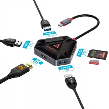 USB-C centrmezgls SBOX HEXAGON 6-in-1 ar HDMI un Ethernet, Type-C balts