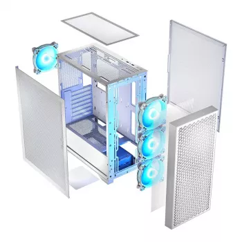 Korpus LOGIC Dart Pro Midi ARGB balts — Midi Tower, ATX, 456×200×385 mm, max GPU 34 cm, CPU dzesētāja augstums 155 mm, 3x120mm priekšā + 1x120mm aizmugurē, USB 3.0 x2, USB-C x1