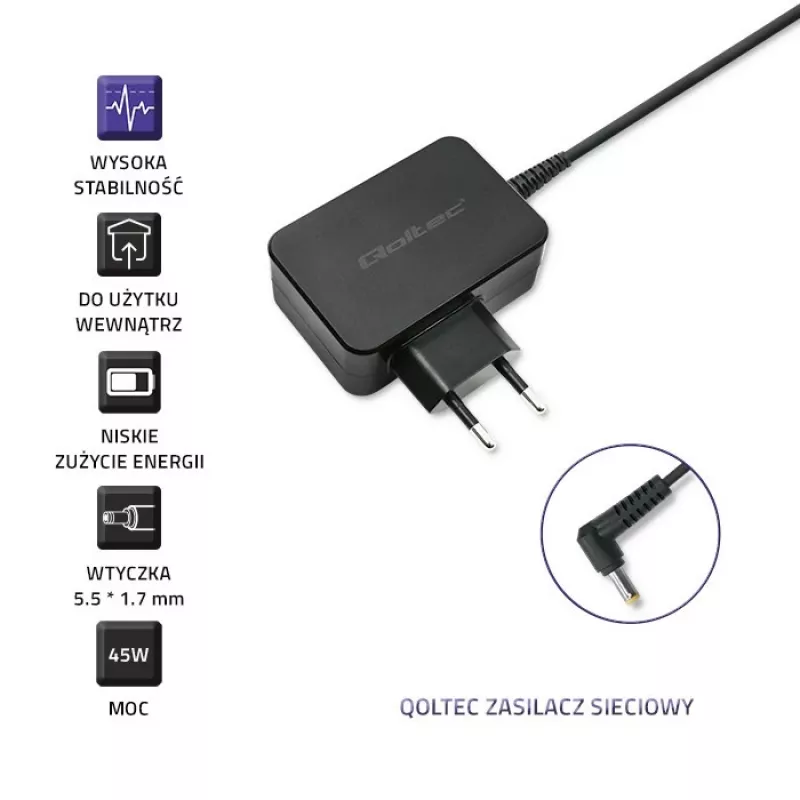 Barošanas bloks QOLTEC 45W 19V 2,37A ar 5,5x1,7 mm savienotāju