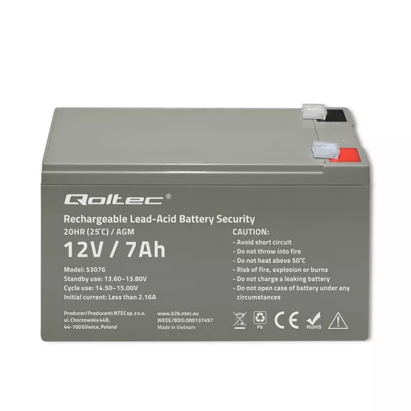 Qoltec 53076 AGM akumulators | 12V | 7Ah | Drošības sistēmām