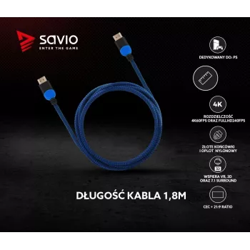 Savio GCL-02 HDMI kabelis 1,8 m HDMI Type A (Standarta) Melns, Zils