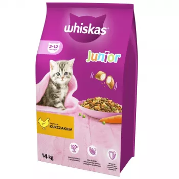 Sausā kaķu barība Whiskas Kitten Chicken 14 kg – augošiem kaķēniem, 35,7% olbaltumvielu, 13,6% tauku
