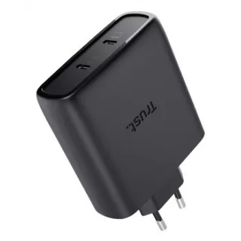 TRUST Maxo 100W 2-Port USB-C GaN Lādētājs — 100 W, 2× USB-C, 20 V max, 2 m kabelis, melns