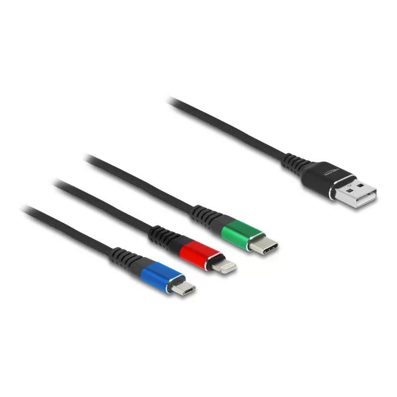 DeLOCK 90156 USB lādēšanas kabelis 3-in-1, Type-A uz Lightning / Micro USB / USB Type-C, 2 m, daudzkrāsains