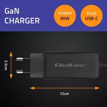 GaN 90W lādētājs QOLTEC 52420 USB-C PD 5–20V 3A/4.5A izeja, 220–240V ieeja, 1.8 m kabelis, melns