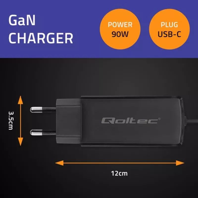 GaN 90W lādētājs QOLTEC 52420 USB-C PD 5–20V 3A/4.5A izeja, 220–240V ieeja, 1.8 m kabelis, melns