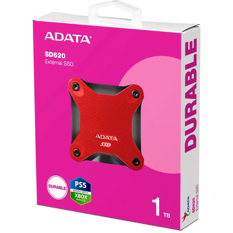 Ārējais SSD ADATA SD620 1 TB, portatīvais, USB 3.2 Gen 2 (Micro-USB B), lasīšana 520 MB/s, rakstīšana 460 MB/s, triecienizturīgs, sarkans
