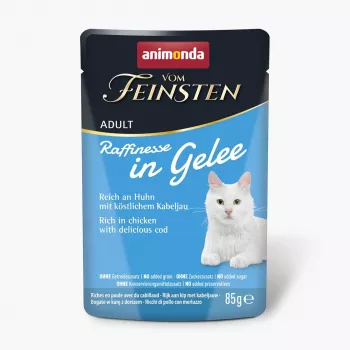 Slapjā barība kaķiem animonda Vom Feinsten Adult Raffinesse želejā ar vistu un mencu, 85 g
