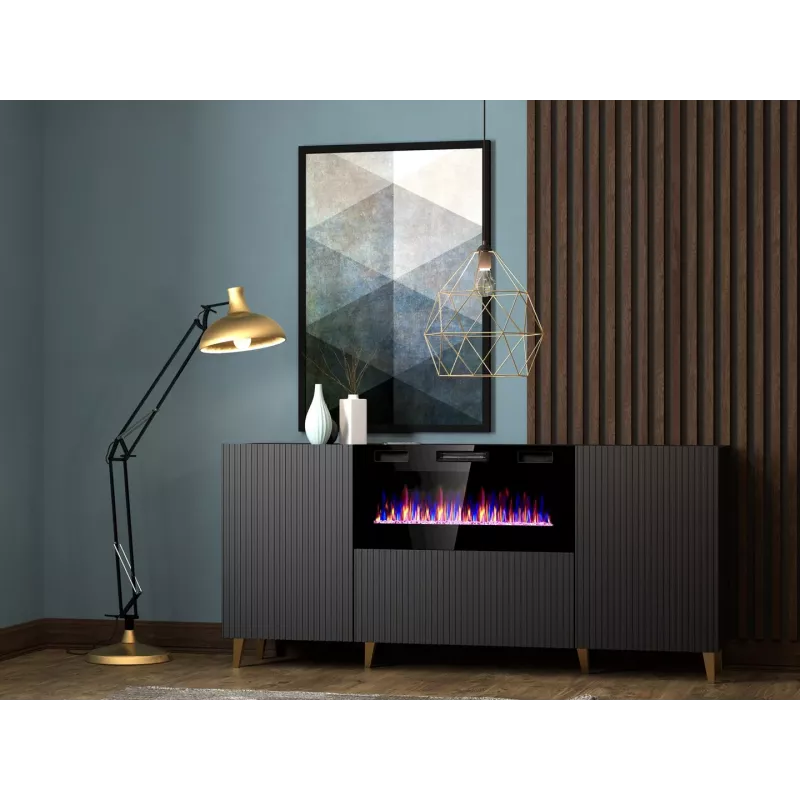 Kumode ar elektrisko kamīnu Cama Meble PAFOS 180x42x82 cm matēti melna, 3 durvis, 2 plaukti, 1400–1600 W