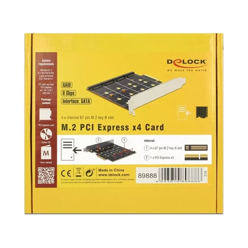 DeLOCK 89888 PCIe interfeisa karte ar četriem M.2 slotiem SATA diskiem