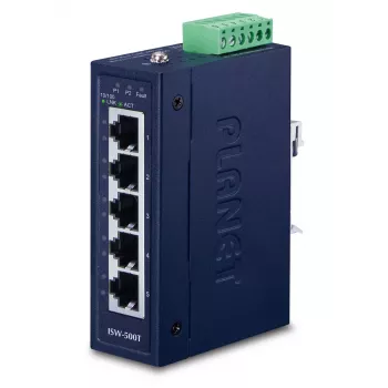 Tīkla slēdzis PLANET ISW-500T, nepārvaldāms 5-portu Fast Ethernet (10/100), 12–48V, zils