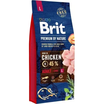 Sausā suņu barība Brit Premium by Nature ADULT L 15 kg — Vistas gaļa, Lielās šķirnes, Olbaltumvielas 27%, Tauki 14%