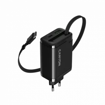 Lādētājs CANYON OnCharge 65RC ar iebūvētu USB-C kabeli, 65W, 1x PD, 1x QC, EU kontaktdakša, Melns