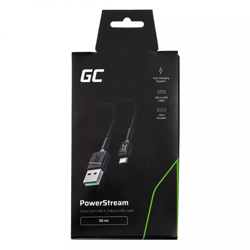 USB 2.0 kabelis Green Cell KABGC23, USB A — Micro-USB B, 0,3 m, melns